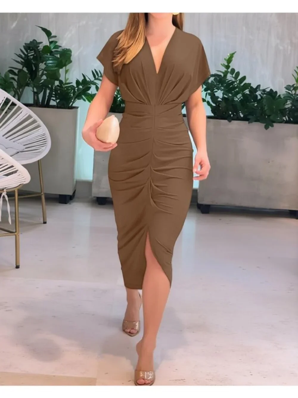 Women Solid Brown Polyester Elastane Floral Print V Neck Slit Bodycon Midi Dress